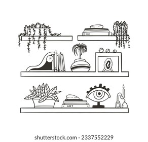 shelf outline illustration. Book shelf. Vector illustration. isolated on white background. Hand drawn sketch of shelves. Home Interior design elements. Interior furniture. Simple bookshelf. wall shelf