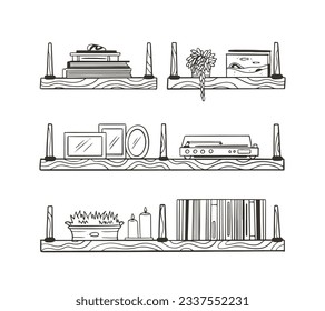 ilustración del contorno del estante. Estante del libro. Ilustración vectorial. aislado de fondo blanco. Esbozo dibujado a mano de estantes. Elementos de diseño del interior del hogar. Mobiliario interior. Simple estantería. estante de pared