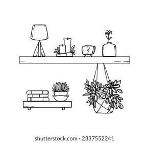shelf outline illustration. Book shelf. Vector illustration. isolated on white background. Hand drawn sketch of shelves. Home Interior design elements. Interior furniture. Simple bookshelf. wall shelf