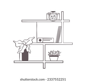 shelf outline illustration. Book shelf. Vector illustration. isolated on white background. Hand drawn sketch of shelves. Home Interior design elements. Interior furniture. Simple bookshelf. wall shelf