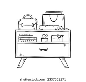 ilustración del contorno del estante. Estante del libro. Ilustración vectorial. aislado de fondo blanco. Esbozo dibujado a mano de estantes. Elementos de diseño del interior del hogar. Mobiliario interior. Simple estantería. estante de pared