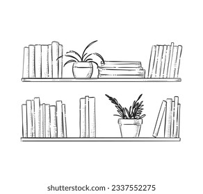shelf outline illustration. Book shelf. Vector illustration. isolated on white background. Hand drawn sketch of shelves. Home Interior design elements. Interior furniture. Simple bookshelf. wall shelf