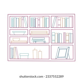 shelf outline illustration. Book shelf. Vector illustration. isolated on white background. Hand drawn sketch of shelves. Home Interior design elements. Interior furniture. Simple bookshelf. wall shelf