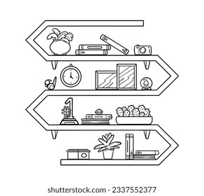 shelf outline illustration. Book shelf. Vector illustration. isolated on white background. Hand drawn sketch of shelves. Home Interior design elements. Interior furniture. Simple bookshelf. wall shelf