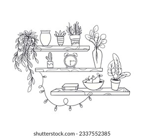 ilustración del contorno del estante. Estante del libro. Ilustración vectorial. aislado de fondo blanco. Esbozo dibujado a mano de estantes. Elementos de diseño del interior del hogar. Mobiliario interior. Simple estantería. estante de pared