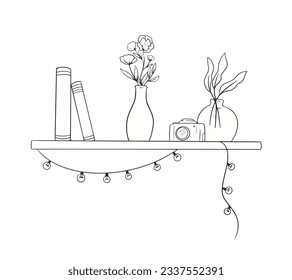 ilustración del contorno del estante. Estante del libro. Ilustración vectorial. aislado de fondo blanco. Esbozo dibujado a mano de estantes. Elementos de diseño del interior del hogar. Mobiliario interior. Simple estantería. estante de pared