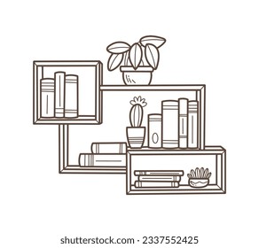 ilustración del contorno del estante. Estante del libro. Ilustración vectorial. aislado de fondo blanco. Esbozo dibujado a mano de estantes. Elementos de diseño del interior del hogar. Mobiliario interior. Simple estantería. estante de pared