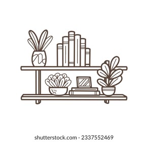 ilustración del contorno del estante. Estante del libro. Ilustración vectorial. aislado de fondo blanco. Esbozo dibujado a mano de estantes. Elementos de diseño del interior del hogar. Mobiliario interior. Simple estantería. estante de pared