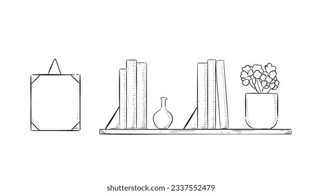 shelf outline illustration. Book shelf. Vector illustration. isolated on white background. Hand drawn sketch of shelves. Home Interior design elements. Interior furniture. Simple bookshelf. wall shelf