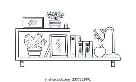 ilustración del contorno del estante. Estante del libro. Ilustración vectorial. aislado de fondo blanco. Esbozo dibujado a mano de estantes. Elementos de diseño del interior del hogar. Mobiliario interior. Simple estantería. estante de pared