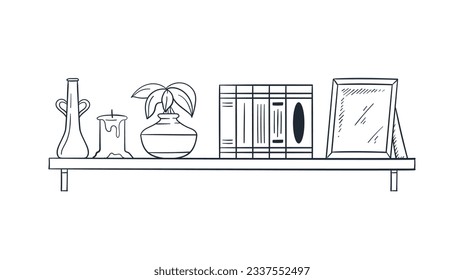 shelf outline illustration. Book shelf. Vector illustration. isolated on white background. Hand drawn sketch of shelves. Home Interior design elements. Interior furniture. Simple bookshelf. wall shelf