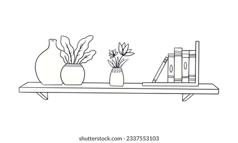 ilustración del contorno del estante. Estante del libro. Ilustración vectorial. aislado de fondo blanco. Esbozo dibujado a mano de estantes. Elementos de diseño del interior del hogar. Mobiliario interior. Simple estantería. estante de pared