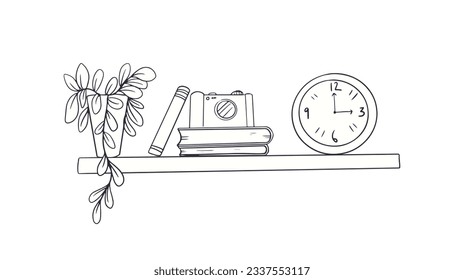 shelf outline illustration. Book shelf. Vector illustration. isolated on white background. Hand drawn sketch of shelves. Home Interior design elements. Interior furniture. Simple bookshelf. wall shelf