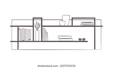 shelf outline illustration. Book shelf. Vector illustration. isolated on white background. Hand drawn sketch of shelves. Home Interior design elements. Interior furniture. Simple bookshelf. wall shelf