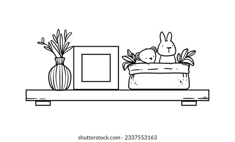ilustración del contorno del estante. Estante del libro. Ilustración vectorial. aislado de fondo blanco. Esbozo dibujado a mano de estantes. Elementos de diseño del interior del hogar. Mobiliario interior. Simple estantería. estante de pared