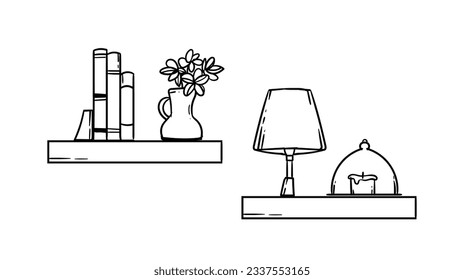 ilustración del contorno del estante. Estante del libro. Ilustración vectorial. aislado de fondo blanco. Esbozo dibujado a mano de estantes. Elementos de diseño del interior del hogar. Mobiliario interior. Simple estantería. estante de pared