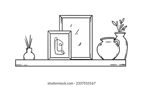 shelf outline illustration. Book shelf. Vector illustration. isolated on white background. Hand drawn sketch of shelves. Home Interior design elements. Interior furniture. Simple bookshelf. wall shelf