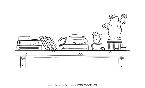 shelf outline illustration. Book shelf. Vector illustration. isolated on white background. Hand drawn sketch of shelves. Home Interior design elements. Interior furniture. Simple bookshelf. wall shelf