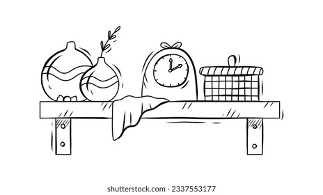 shelf outline illustration. Book shelf. Vector illustration. isolated on white background. Hand drawn sketch of shelves. Home Interior design elements. Interior furniture. Simple bookshelf. wall shelf