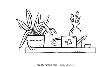 shelf outline illustration. Book shelf. Vector illustration. isolated on white background. Hand drawn sketch of shelves. Home Interior design elements. Interior furniture. Simple bookshelf. wall shelf