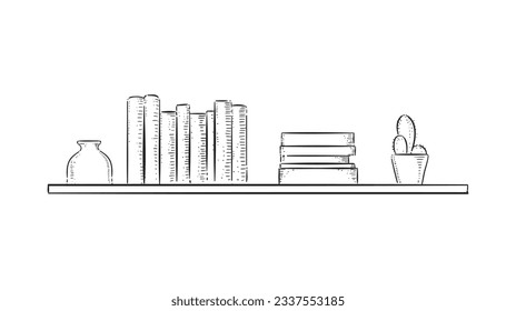 shelf outline illustration. Book shelf. Vector illustration. isolated on white background. Hand drawn sketch of shelves. Home Interior design elements. Interior furniture. Simple bookshelf. wall shelf