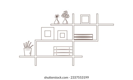 shelf outline illustration. Book shelf. Vector illustration. isolated on white background. Hand drawn sketch of shelves. Home Interior design elements. Interior furniture. Simple bookshelf. wall shelf