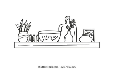 shelf outline illustration. Book shelf. Vector illustration. isolated on white background. Hand drawn sketch of shelves. Home Interior design elements. Interior furniture. Simple bookshelf. wall shelf