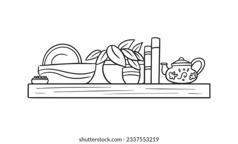 shelf outline illustration. Book shelf. Vector illustration. isolated on white background. Hand drawn sketch of shelves. Home Interior design elements. Interior furniture. Simple bookshelf. wall shelf