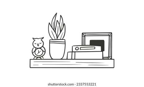 shelf outline illustration. Book shelf. Vector illustration. isolated on white background. Hand drawn sketch of shelves. Home Interior design elements. Interior furniture. Simple bookshelf. wall shelf