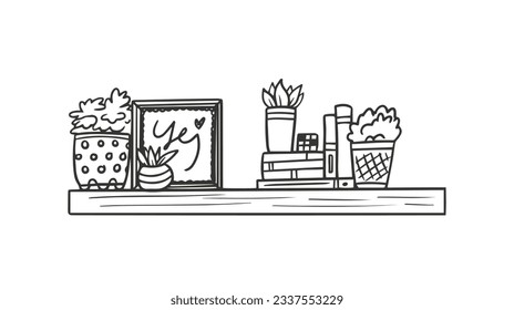 shelf outline illustration. Book shelf. Vector illustration. isolated on white background. Hand drawn sketch of shelves. Home Interior design elements. Interior furniture. Simple bookshelf. wall shelf