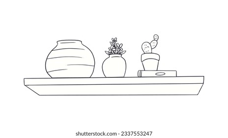 shelf outline illustration. Book shelf. Vector illustration. isolated on white background. Hand drawn sketch of shelves. Home Interior design elements. Interior furniture. Simple bookshelf. wall shelf