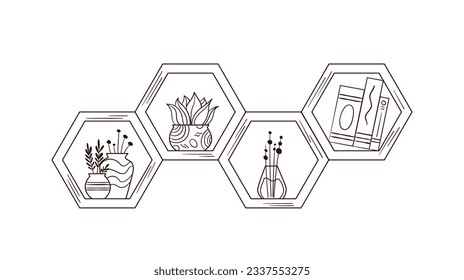 ilustración del contorno del estante. Estante del libro. Ilustración vectorial. aislado de fondo blanco. Esbozo dibujado a mano de estantes. Elementos de diseño del interior del hogar. Mobiliario interior. Simple estantería. estante de pared
