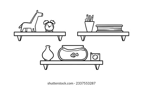 ilustración del contorno del estante. Estante del libro. Ilustración vectorial. aislado de fondo blanco. Esbozo dibujado a mano de estantes. Elementos de diseño del interior del hogar. Mobiliario interior. Simple estantería. estante de pared
