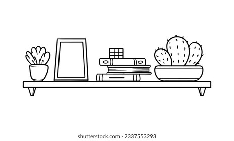 ilustración del contorno del estante. Estante del libro. Ilustración vectorial. aislado de fondo blanco. Esbozo dibujado a mano de estantes. Elementos de diseño del interior del hogar. Mobiliario interior. Simple estantería. estante de pared