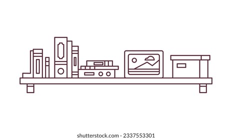 ilustración del contorno del estante. Estante del libro. Ilustración vectorial. aislado de fondo blanco. Esbozo dibujado a mano de estantes. Elementos de diseño del interior del hogar. Mobiliario interior. Simple estantería. estante de pared
