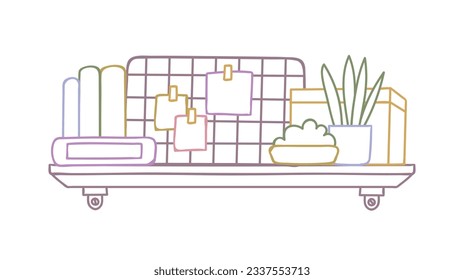 ilustración del contorno del estante. Estante del libro. Ilustración vectorial. aislado de fondo blanco. Esbozo dibujado a mano de estantes. Elementos de diseño del interior del hogar. Mobiliario interior. Simple estantería. estante de pared