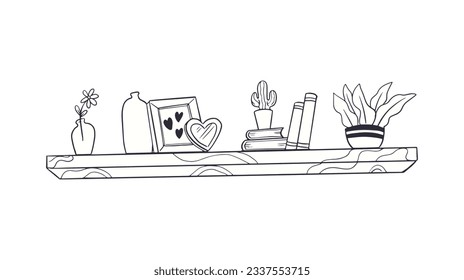 shelf outline illustration. Book shelf. Vector illustration. isolated on white background. Hand drawn sketch of shelves. Home Interior design elements. Interior furniture. Simple bookshelf. wall shelf