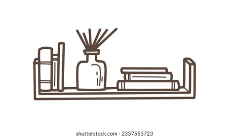 ilustración del contorno del estante. Estante del libro. Ilustración vectorial. aislado de fondo blanco. Esbozo dibujado a mano de estantes. Elementos de diseño del interior del hogar. Mobiliario interior. Simple estantería. estante de pared