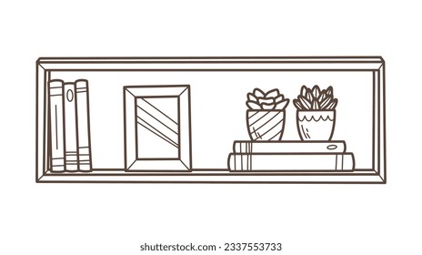 shelf outline illustration. Book shelf. Vector illustration. isolated on white background. Hand drawn sketch of shelves. Home Interior design elements. Interior furniture. Simple bookshelf. wall shelf