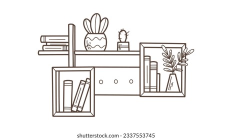 Kontur-Abbildung. Bücherregal. Vektorgrafik. einzeln auf weißem Hintergrund. Handgezeichnete Skizze von Regalen. Innenausstattung Inneneinrichtung. Einfache virtuelle Bibliothek. Wandplatte
