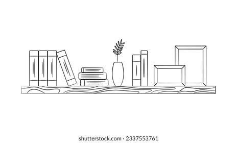 ilustración del contorno del estante. Estante del libro. Ilustración vectorial. aislado de fondo blanco. Esbozo dibujado a mano de estantes. Elementos de diseño del interior del hogar. Mobiliario interior. Simple estantería. estante de pared
