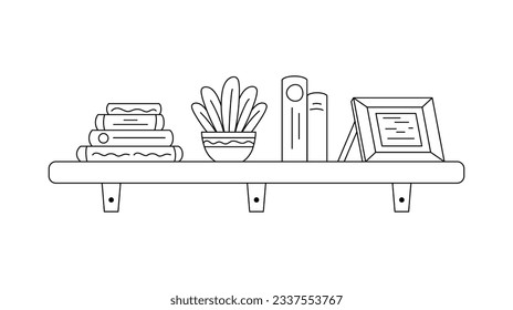 ilustración del contorno del estante. Estante del libro. Ilustración vectorial. aislado de fondo blanco. Esbozo dibujado a mano de estantes. Elementos de diseño del interior del hogar. Mobiliario interior. Simple estantería. estante de pared