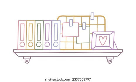 ilustración del contorno del estante. Estante del libro. Ilustración vectorial. aislado de fondo blanco. Esbozo dibujado a mano de estantes. Elementos de diseño del interior del hogar. Mobiliario interior. Simple estantería. estante de pared