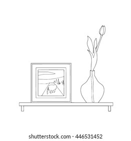 A shelf with a picture and a tulip in a glass vase. Outline vector illustration. (Can be used as texture for cards, invitations, DIY projects, web sites or for any other design.)