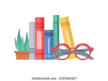 Shelf with pile of books, diary or journals, textbooks in hardcover. Plant in pot, glasses for reading. Hobby or education, self development. Vector in flat style