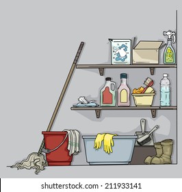 Shelf piled with cleaning equipment, bottles, sprays, and mop, vector illustration