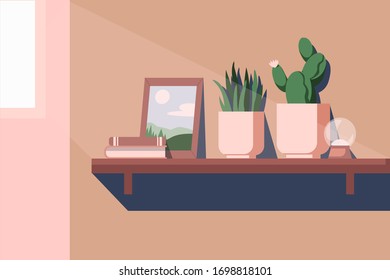 Shelf with plants in a light beam