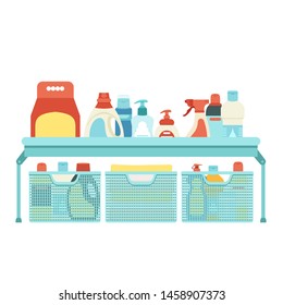 Shelf and plastic boxes with household chemicals. Means for washing and cleaning