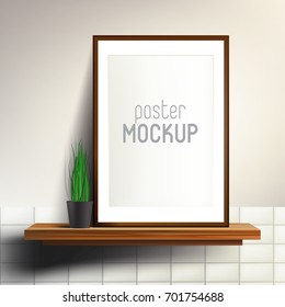 Shelf with poster mock up. Wooden shelf and print in frame on white wall with tiles and plant in ceramic black vase