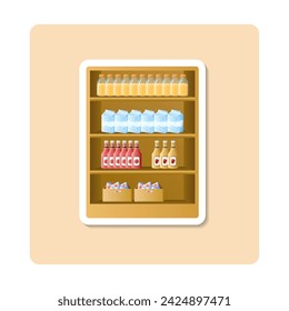 Shelf with product sticker illustration. Package, bottle, box, rack. Editable vector graphic design.